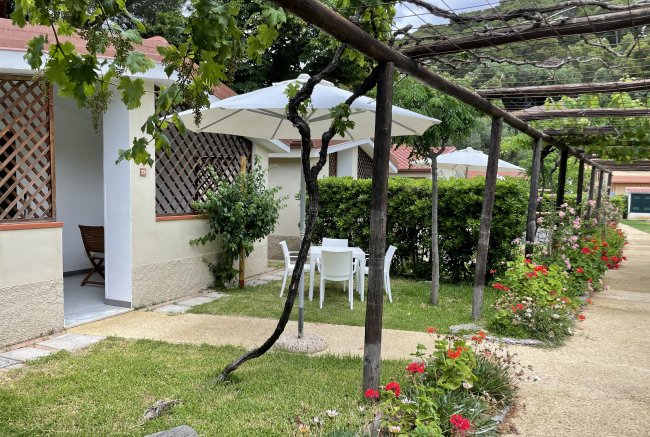 Giardino con pergolato, tavolo bianco e ombrellone vicino a un patio.