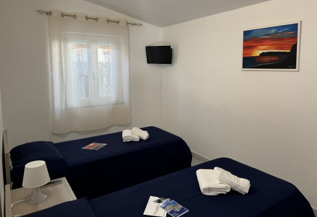 Camera con due letti singoli, TV e immagine sul muro.