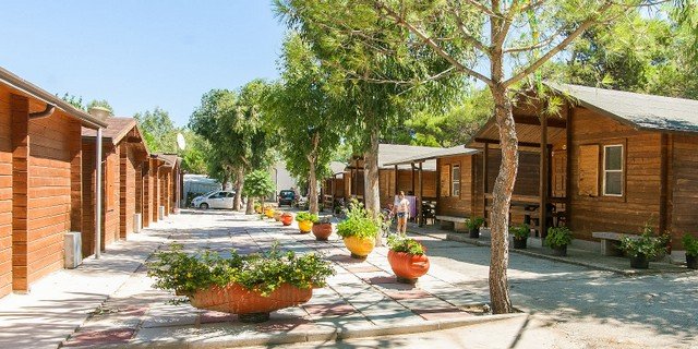Bungalows in legno con vasi di fiori lungo la strada.