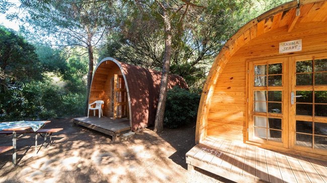 Due baite in legno tra gli alberi.