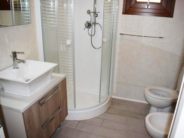 Bagno con doccia angolare, lavabo moderno e bidet.