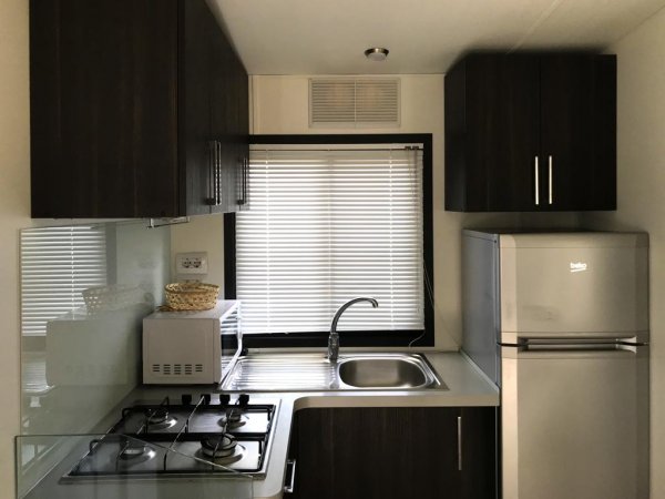 Cucina moderna con fornelli, lavandino e frigorifero.