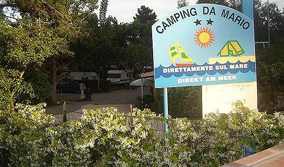 Insegna del Camping da Mario con vegetazione.