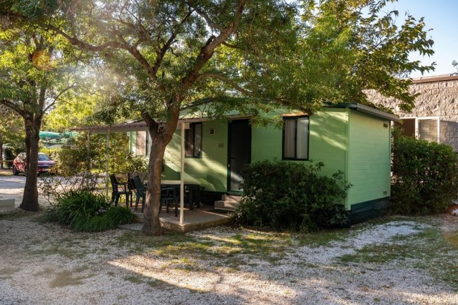 Una casa verde tra alberi e arbusti.