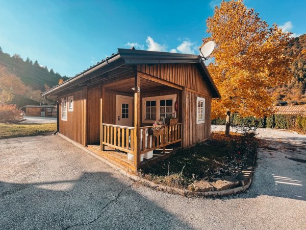 Chalet di legno con veranda e albero autunnale.