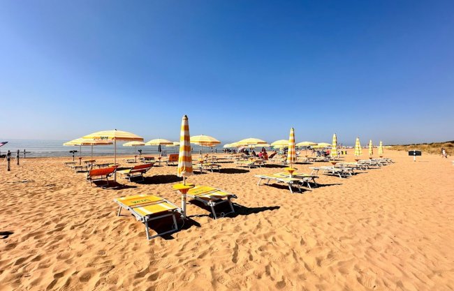 Spiaggia con lettini e ombrelloni gialli.