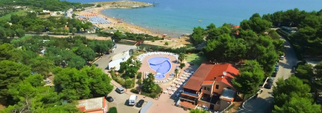 Veduta aerea di una spiaggia e piscina.