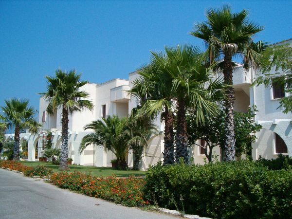 Edificio moderno bianco con palme e aiuole fiorite in un giardino.