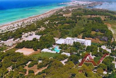 Veduta aerea di un hotel circondato da alberi vicino a una lunga spiaggia di sabbia e mare azzurro.
