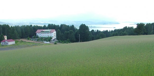 Campo verde con edifici bianchi e bosco sullo sfondo.