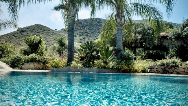 Piscina con palme e colline sullo sfondo.
