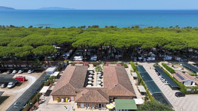 Complesso con tetti, pineta e mare.