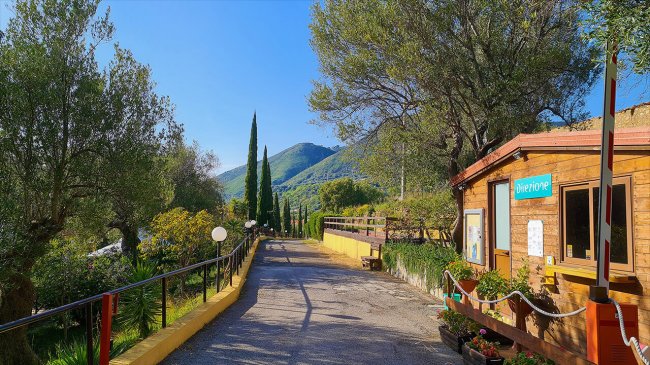 Sentiero alberato con struttura in legno e colline sullo sfondo.