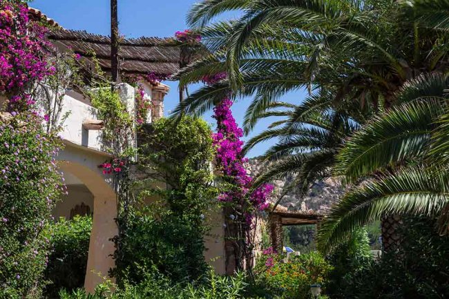 Edificio ricoperto di piante e fiori rosa.
