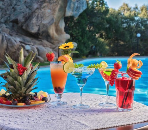 Quattro cocktail colorati su un tavolo con una piscina sullo sfondo.