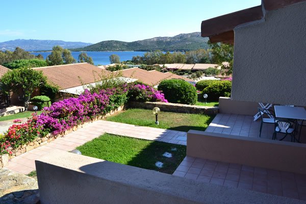 Vista giardino con bouganville e mare in lontananza.