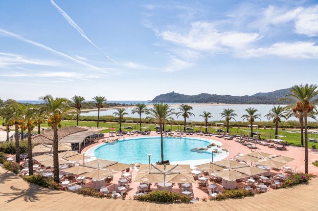 Piscina circondata da palme vicino al mare.