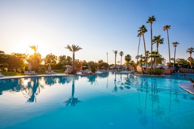 Piscina con palme al tramonto.