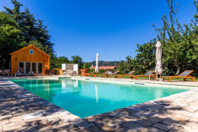 Piscina con sdraio in un giardino, casa di legno sullo sfondo.