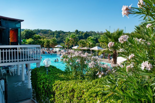 Una piscina con ombrelloni, palme e arbusti in fiore, vista su colline lussureggianti.