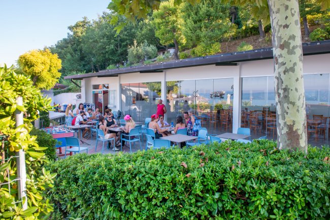 Un gruppo di persone sedute all'aperto in un caffè circondato da alberi e siepi.