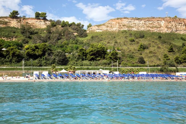Spiaggia gremita di ombrelloni blu, vicino a una collina verde con alberi.