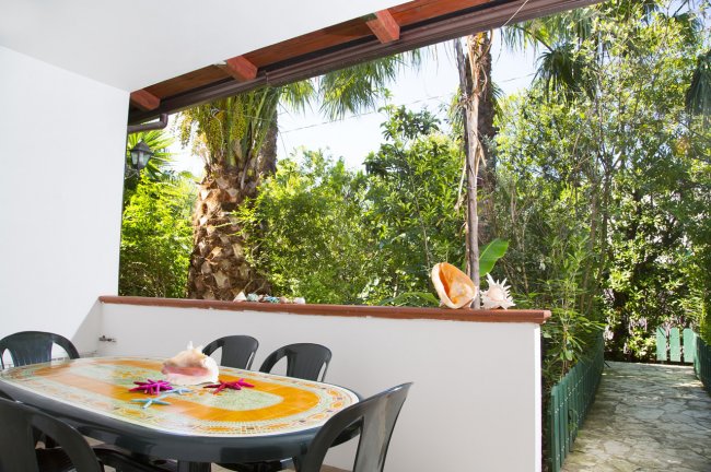 Tavolo con sedie su veranda, circondato da alberi.