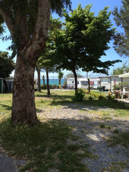 Campeggio verde con vista sul mare.