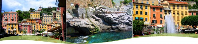 Tre immagini di un paesino colorato e una costa rocciosa.
