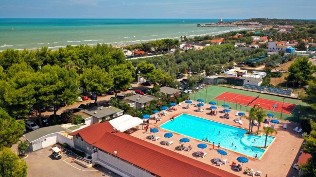 Piscina esterna circondata da verde e mare.