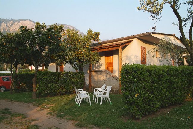 Casa con giardino, sedie bianche e alberi.
