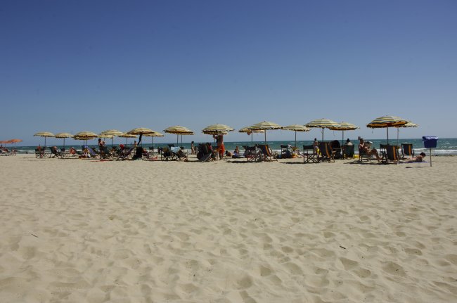 Spiaggia con ombrelloni gialli e persone al mare.