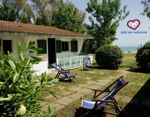 Casa con giardino, lettini blu e mare sullo sfondo.