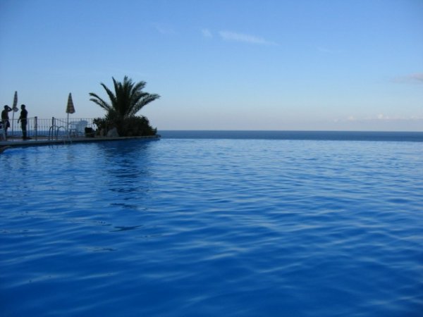 Piscina a sfioro con vista sull'oceano e una palma.