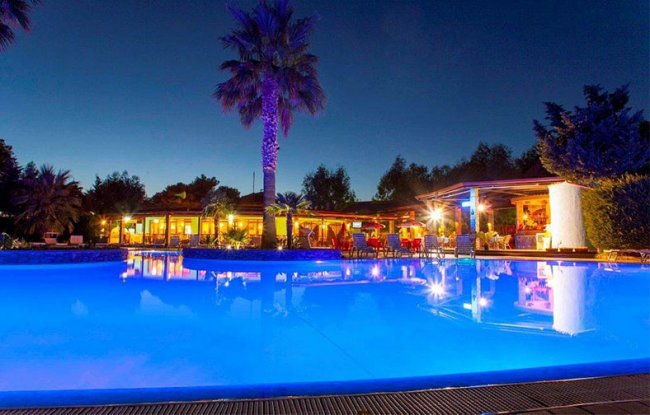 Piscina illuminata di notte, circondata da palme.