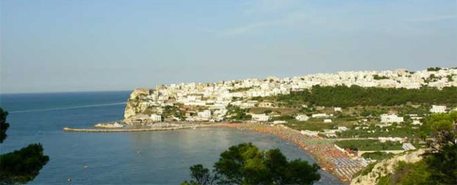 Vista di una costa con case bianche, spiaggia e colline verdi.
