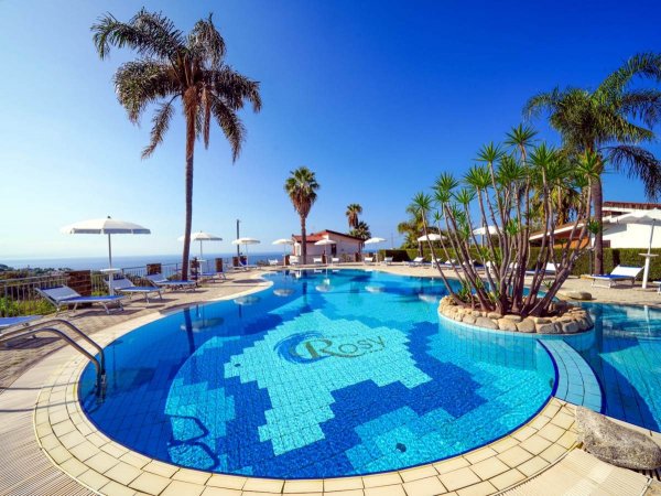 Piscina con palme e sedie a sdraio.
