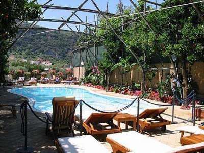 Piscina circondata da alberi e lettini, struttura in legno sopraelevata.