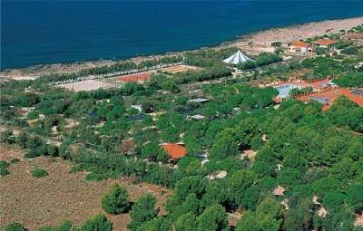 Vista dall'alto di una costa alberata, mare e strutture coperte da una tenda.