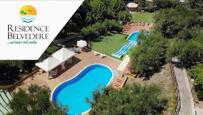 Vista aerea di una piscina con gazebo e alberi.