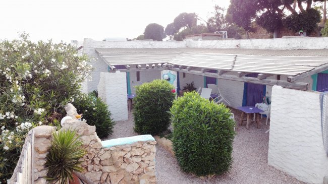 Cortile con siepi e mobili sotto un pergolato.