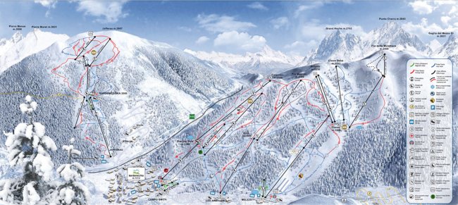 Mappa di pista sciistica su montagne innevate.