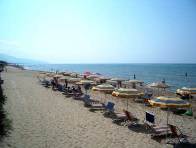 Una spiaggia con file di ombrelloni gialli e bianchi vicini al mare.