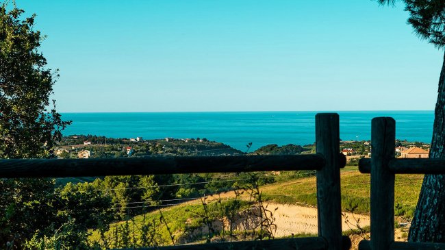 Vista sul mare con colline verdi e una recinzione in legno.