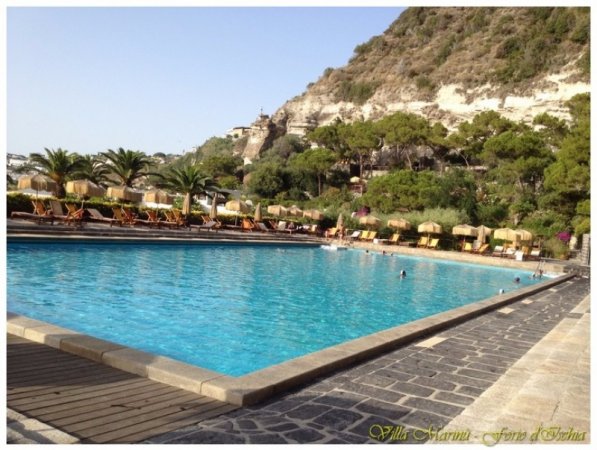 Ampia piscina con lettini e montagna.