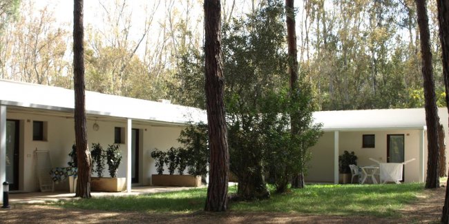 Edifici bianchi con patio in un bosco.