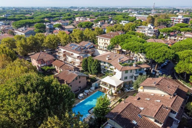 Vista aerea di case e alberi in una zona residenziale.