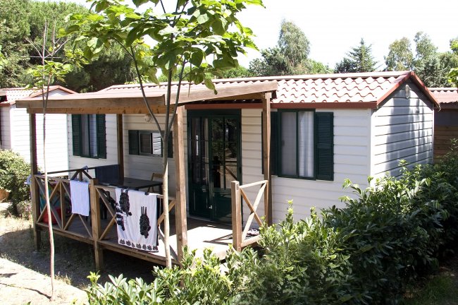 Casa mobile con veranda e piante attorno.