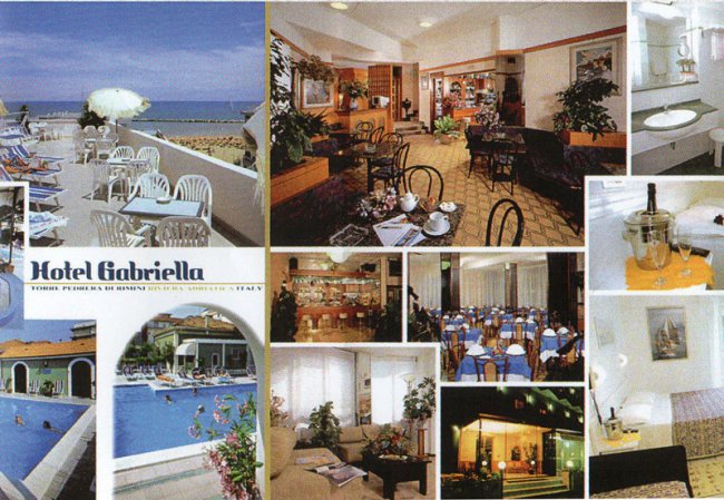Collage con immagini di un hotel e della spiaggia.