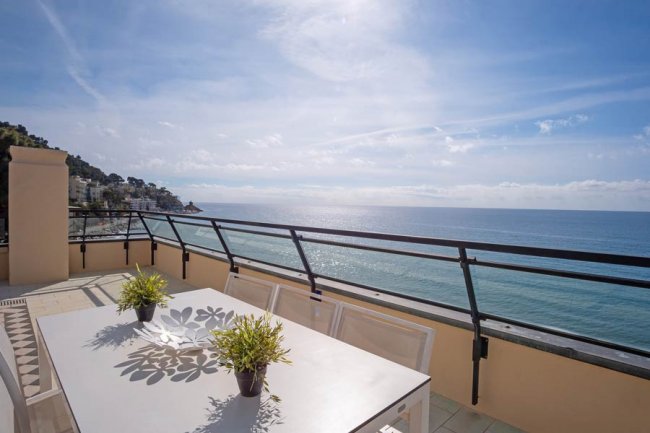 Vista mare da terrazza con tavolo e piante.